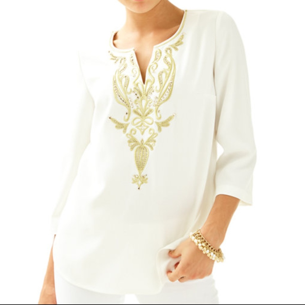 Lilly Pulitzer Dallas Top with Gold Embroidery